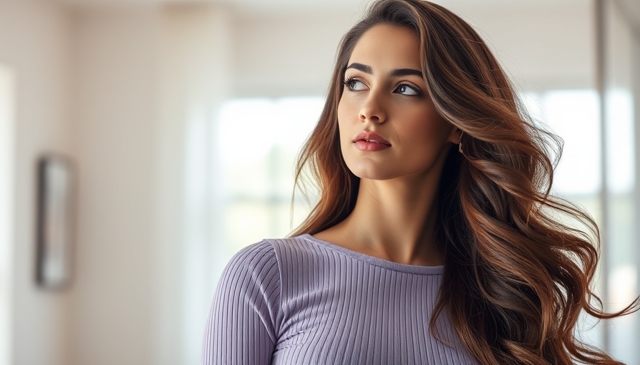 Young woman with wavy hair wearing purple top in bright room, hair thickening products.