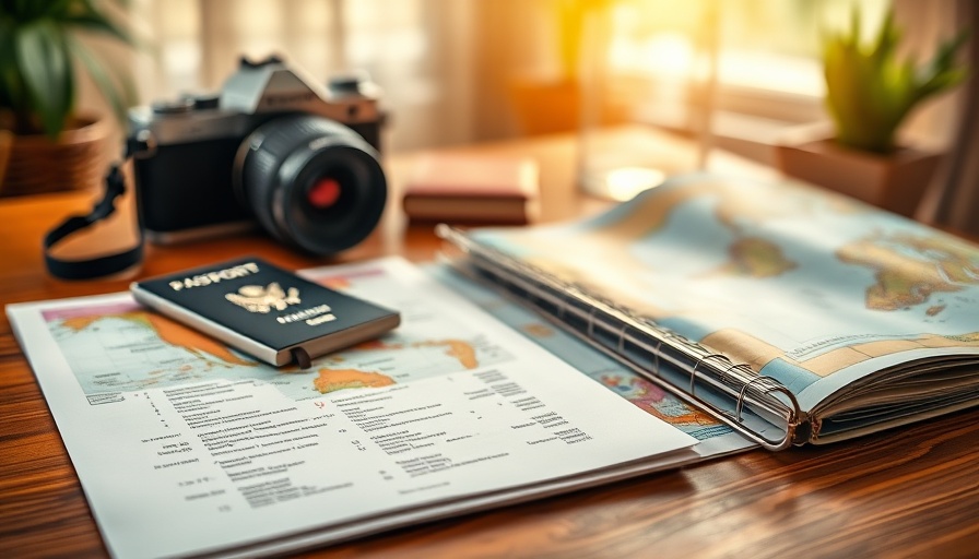 Travel checklist with passport, camera, map, first-time travel essentials.