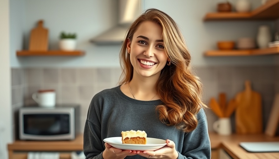 Young woman in kitchen enjoying cake related to gut health and sugar cravings.