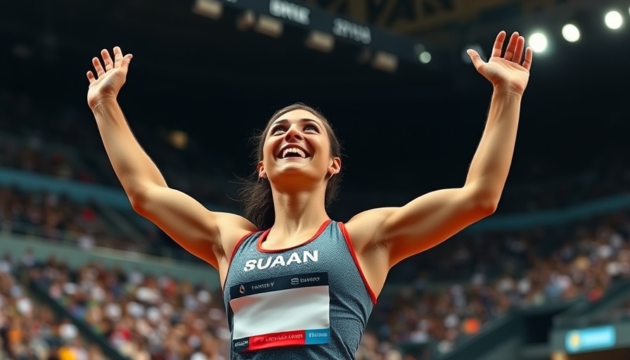 Sarah Mitton celebrating at Diamond League Finals in sports arena.