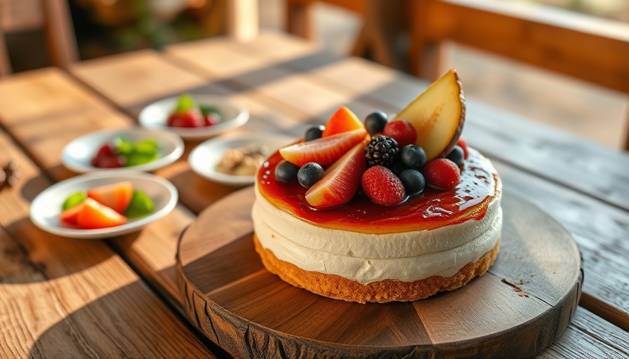 Fruit-topped Labor Day dessert on wooden table.