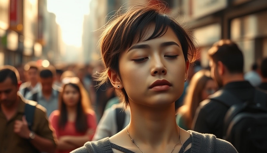 Serene woman practicing mindfulness in busy city.