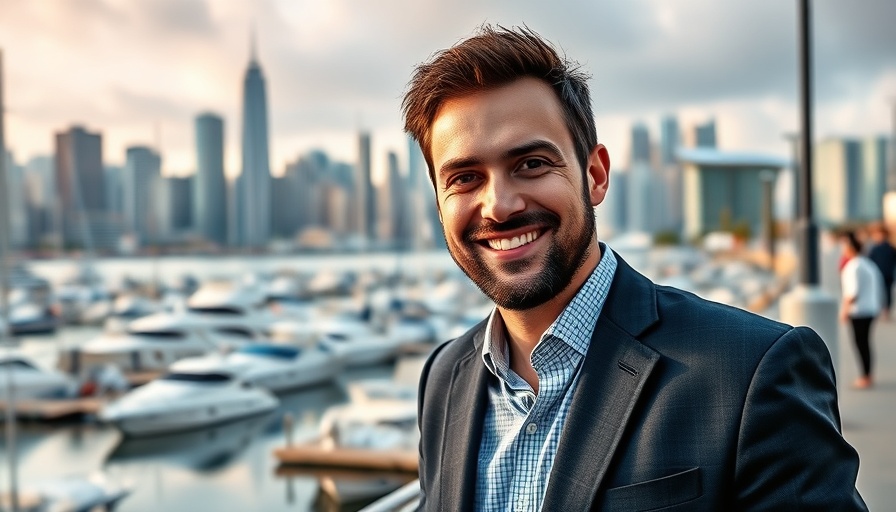 Professional man near marina, vibrant cityscape, travel industry mentor.