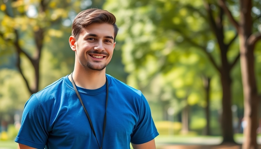 Young man in blue t-shirt outdoors at tennis event.