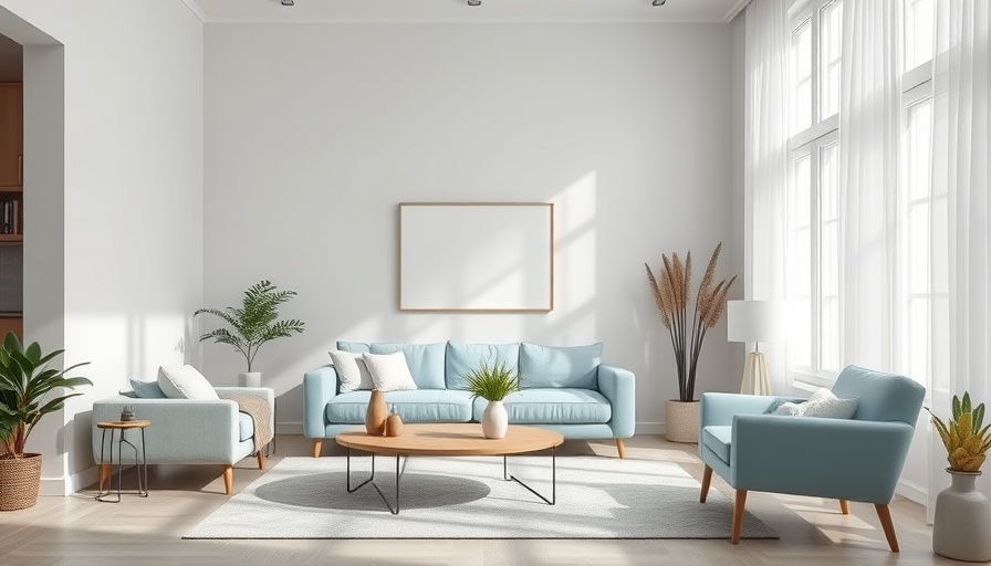 Modern minimalist living room with light blue sofa and plants