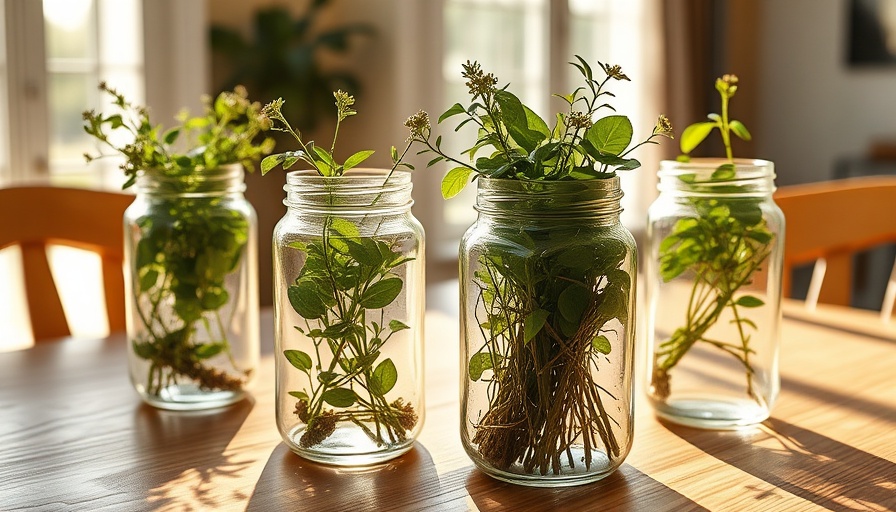 Sunlit plants in glass jars on dining table, calm home habits.