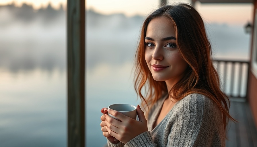 Woman feeling present by a misty lake, holding a mug.