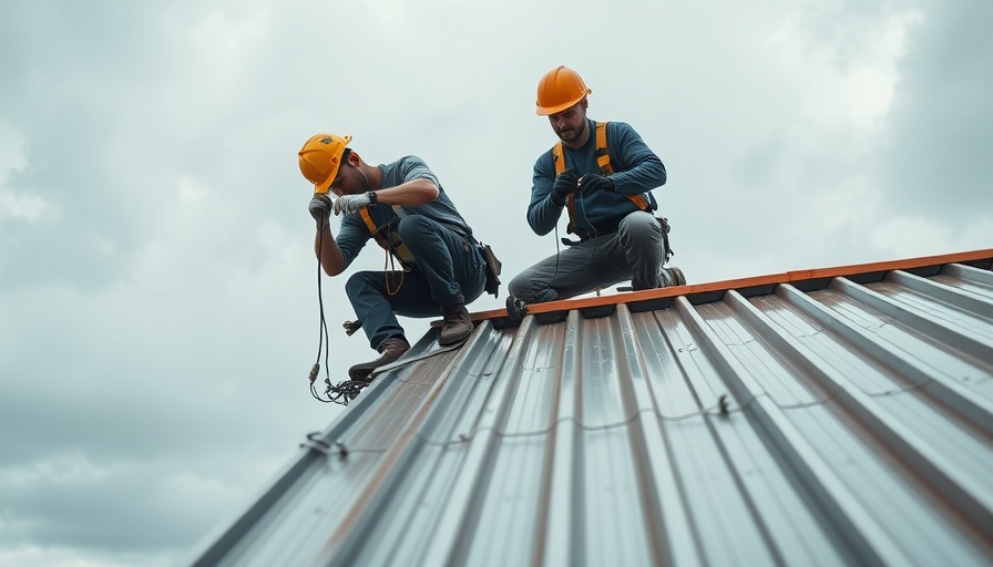 Construction workers on roof ensuring safety, highlighting maintenance risks.