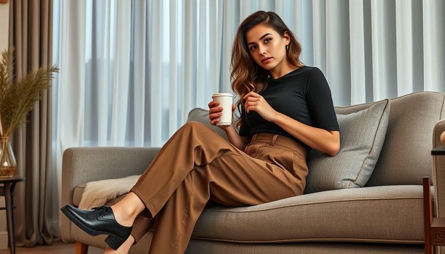Fall capsule wardrobe with stylish casual outfit in neutral living room.