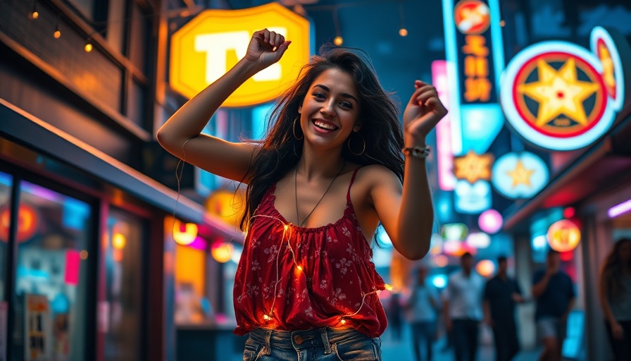 Young woman dancing on city street with lights, flow state for parents.