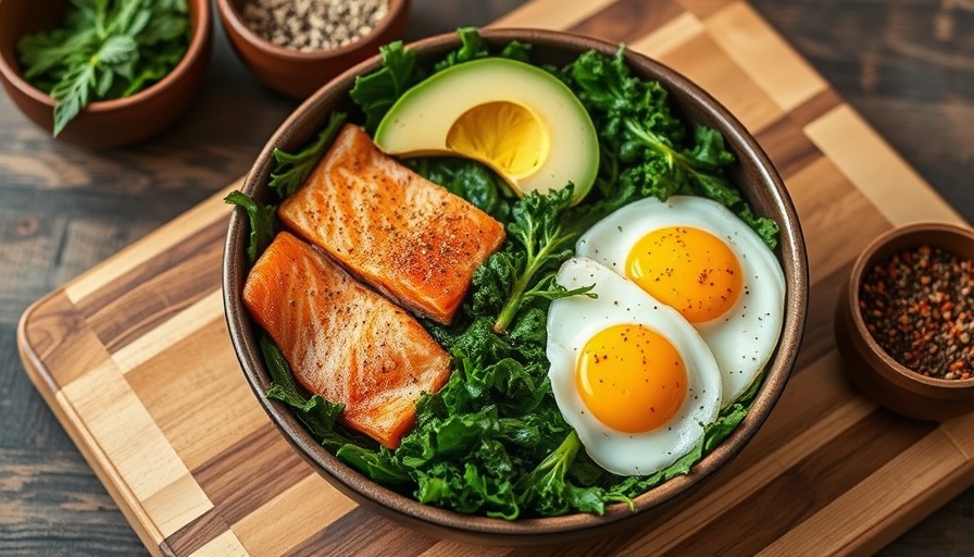 Smoked salmon breakfast bowl with eggs and avocado on board.