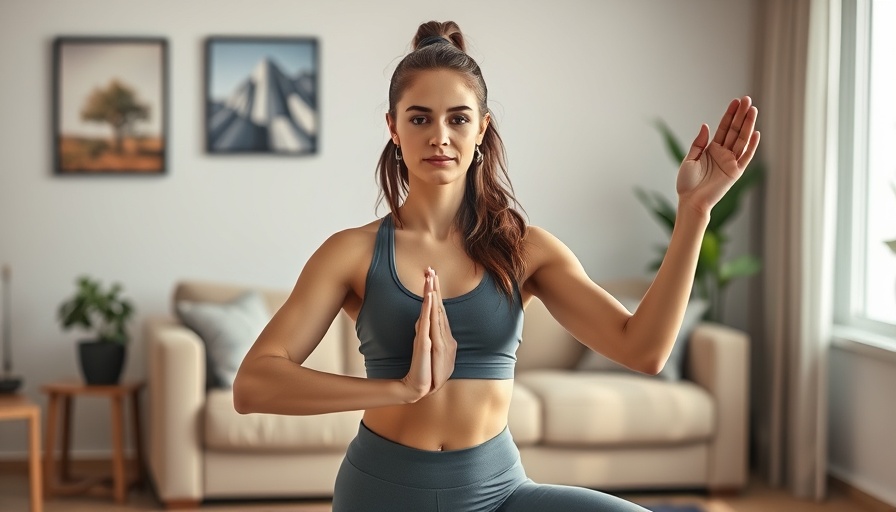Online fitness coaching setup with woman doing yoga at home.