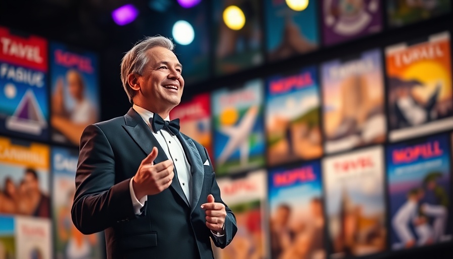 ACV 2025 Dream Makers tour presenter smiling on stage with travel posters.