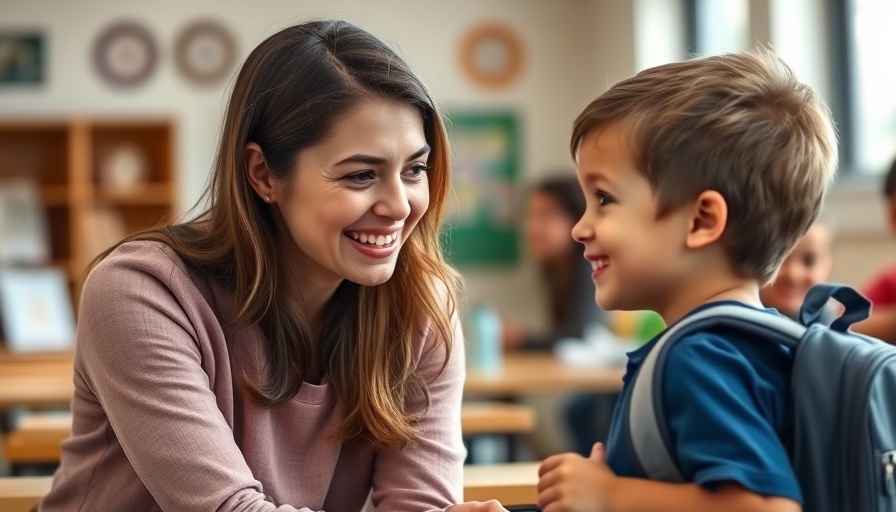 Young woman assisting little girl with backpack in classroom, overcoming school-related challenges.