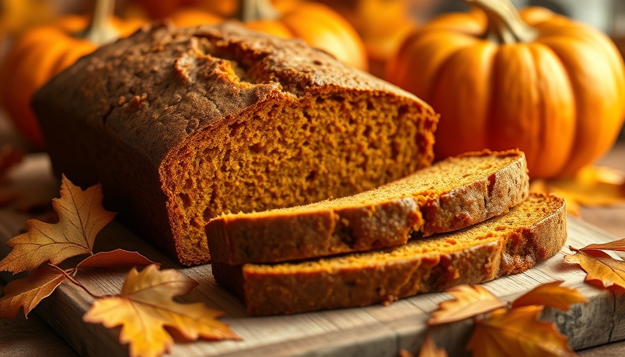 Freshly sliced pumpkin bread with autumn decor, showcasing its texture.