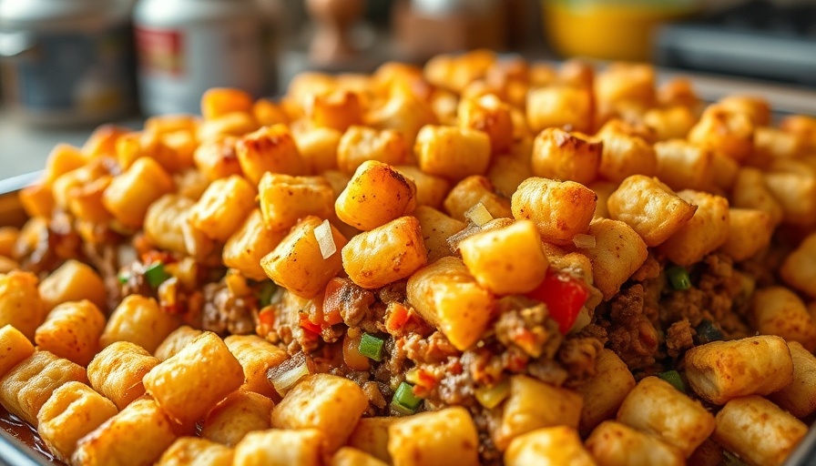 Deliciously golden tater tot casserole recipe with ingredients visible.