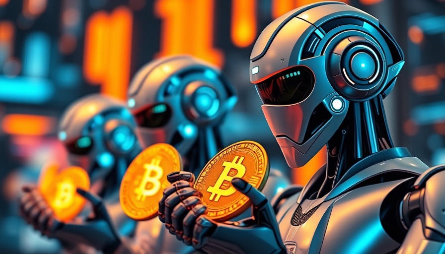 Futuristic robots analyzing Bitcoin predictions, AI concept.