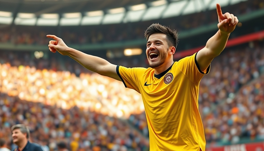 Celebratory soccer player in yellow jersey pointing joyfully, Cristiano Ronaldo 1000 goals.