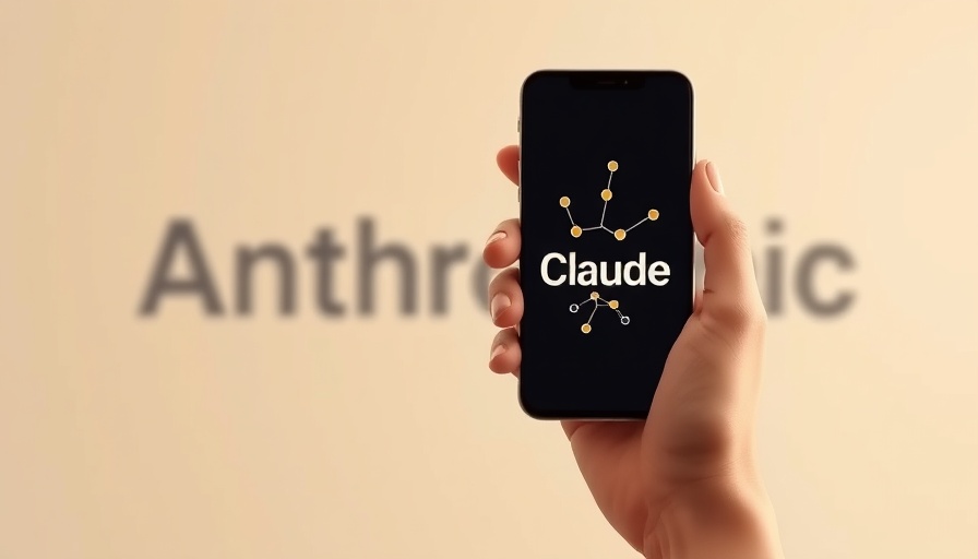 Minimalist phone graphic displaying Claude AI logo, beige backdrop.