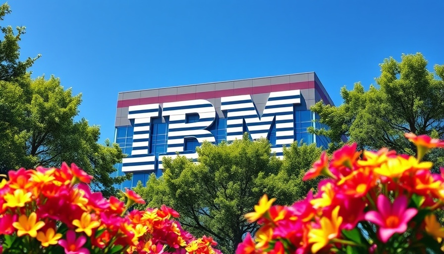 Digital artwork of IBM building with colorful flowers overlay and trees.