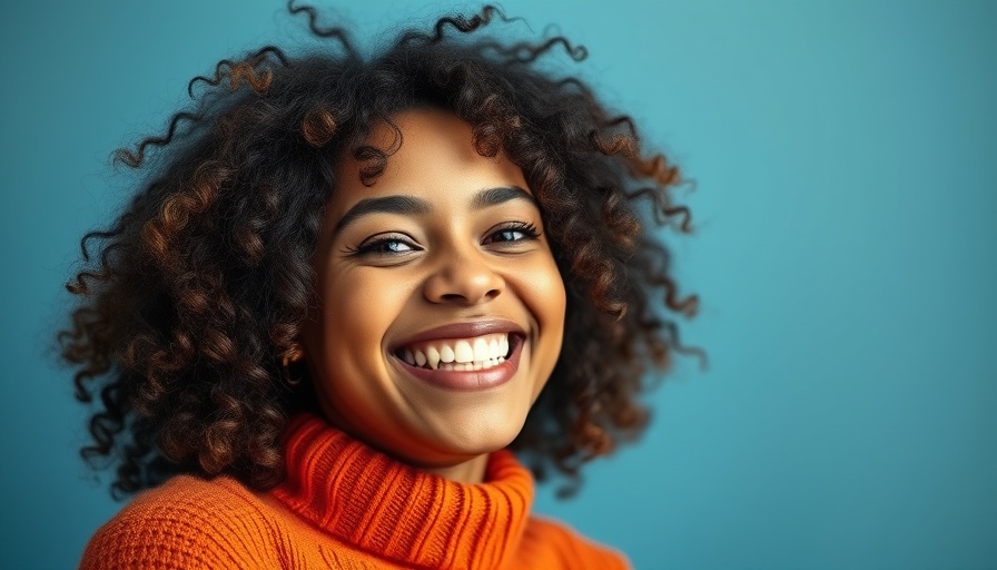 Cheerful woman smiling in orange sweater, soft background