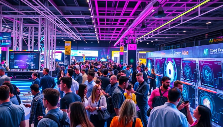 Tech conference showcasing AI stocks with a busy crowd.