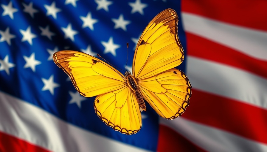 AI Democratization: Yellow butterfly on pixelated American flag.