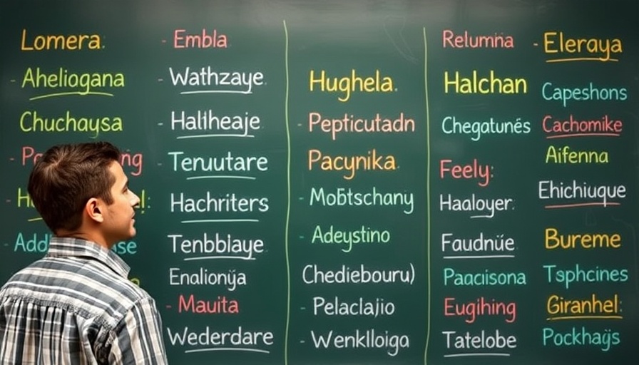 Chalkboard with multilingual greetings, AI in gaming and learning innovation.