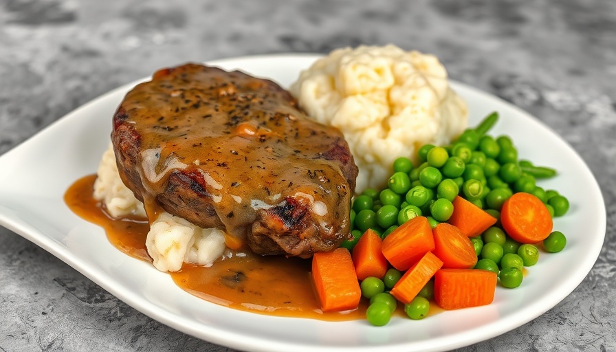 Mushroom Salisbury Steak Recipe with mashed potatoes and peas.