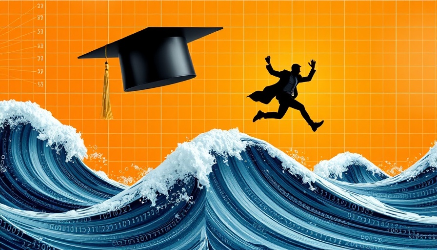 AI startup journey symbolized by graduation cap and digital wave.