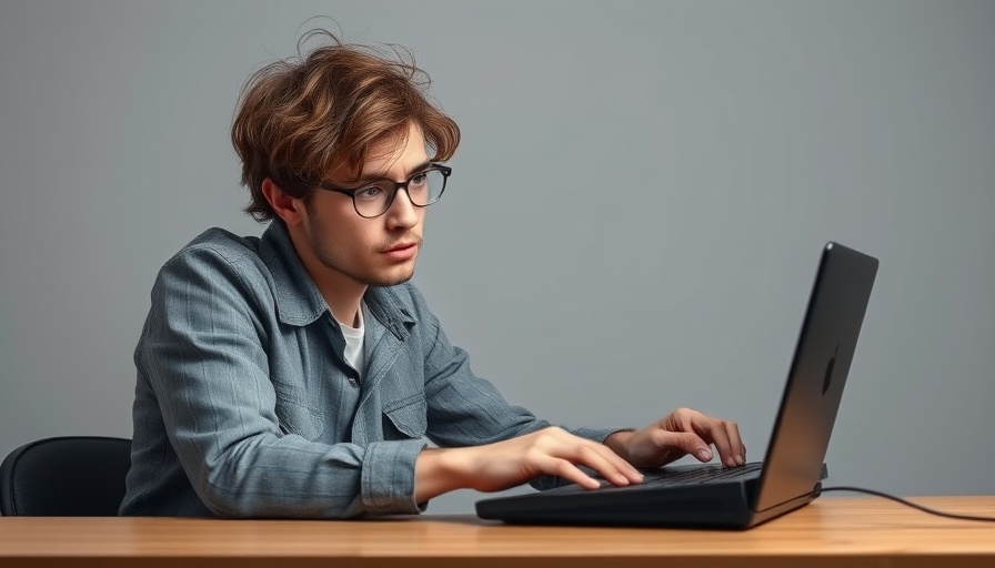 Bored man at keyboard in AI workslop environment.