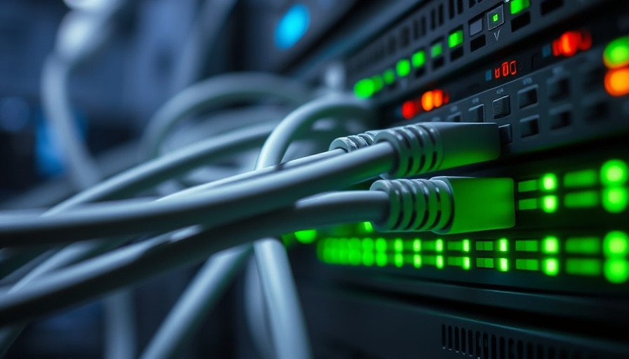 Close-up of network cables with green LED lights, illustrating AI agents connectivity.