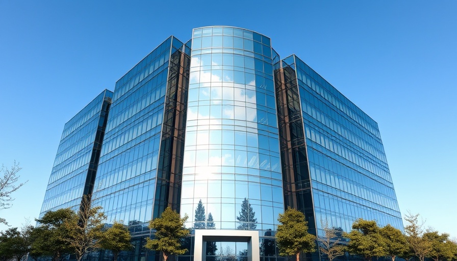 Modern architecture and sleek glass building of tech headquarters, AMD stock surge with OpenAI.