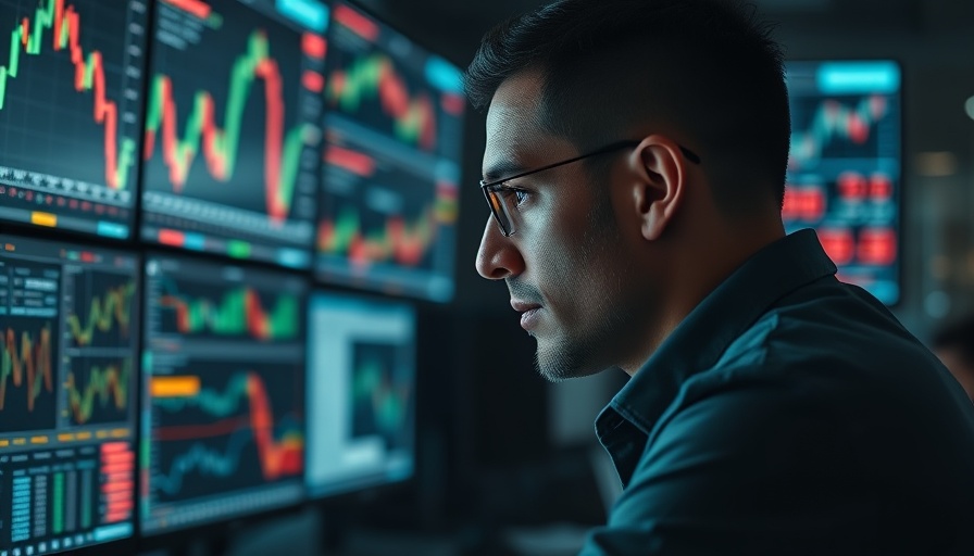 Stock trader analyzing data on multiple screens in office related to stock market bubble.