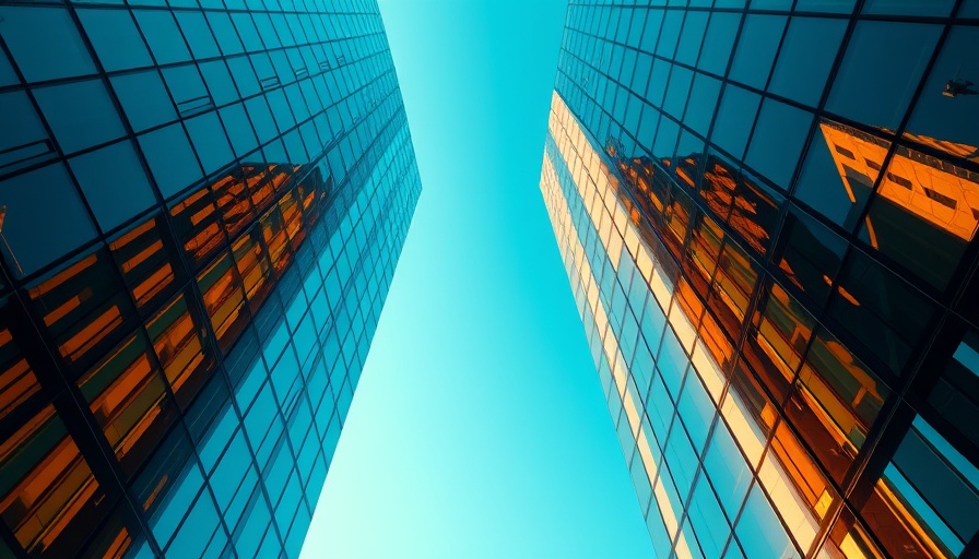 Modern skyscrapers reflecting golden sunlight, agentic AI concept.