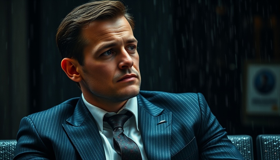 Man in a rain-soaked suit looking contemplative outside.
