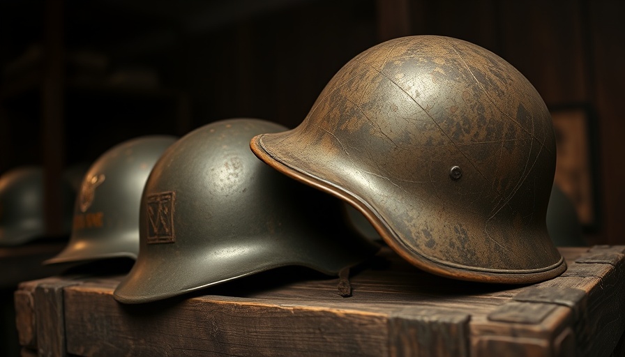 Vintage military helmets on wooden crate, showcasing historical wear.