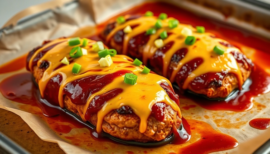 Juicy baked barbecue chicken recipe with cheese and scallions on tray.