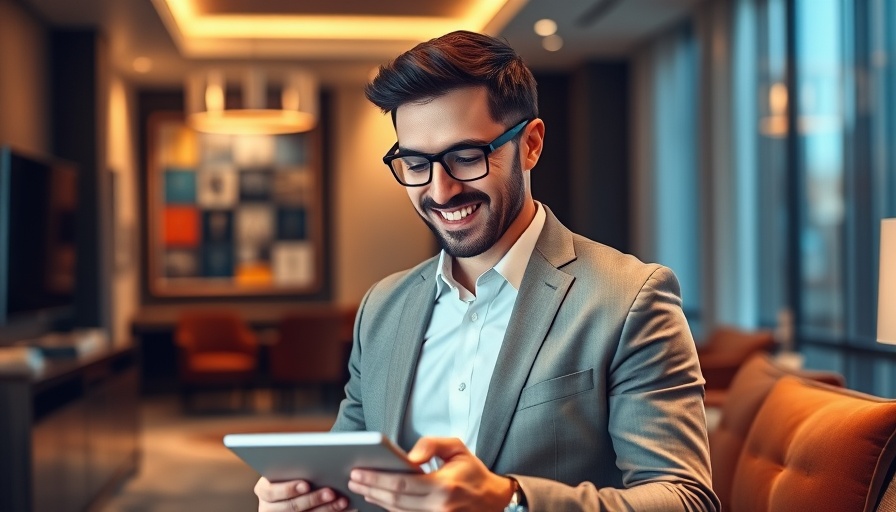 Businessman using tablet in modern hotel room, representing ai agents.