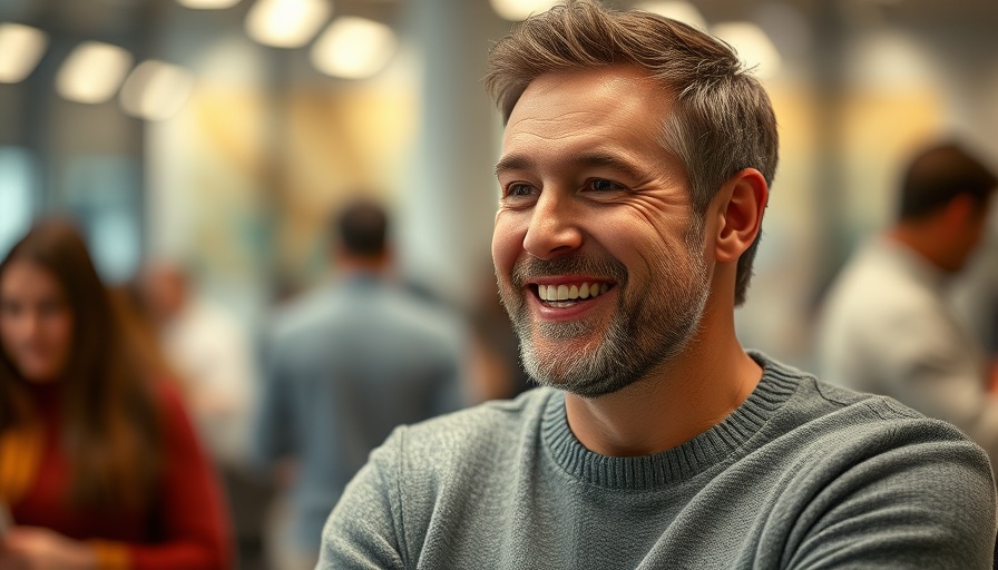 Warm smiling man discussing AI advisor roles, casual setting.