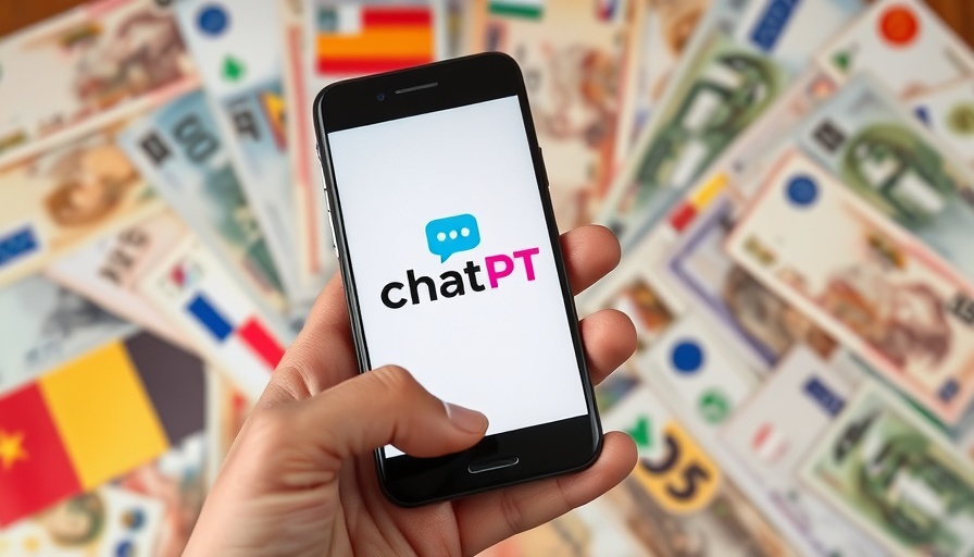 Smartphone with ChatGPT logo amidst international currencies, illustrating AI ROI.