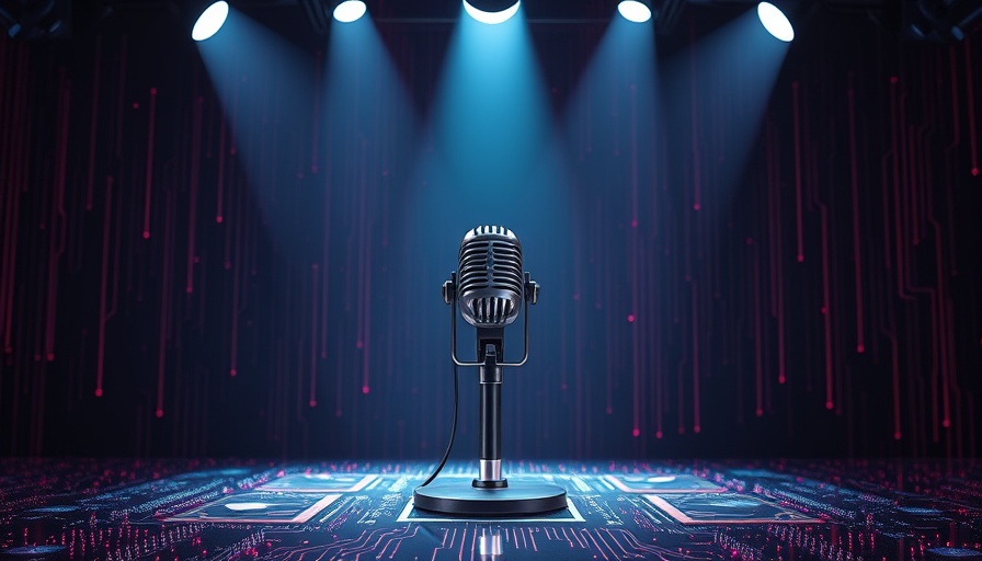 Futuristic microphone symbolizing AI content creation on digital circuit stage.
