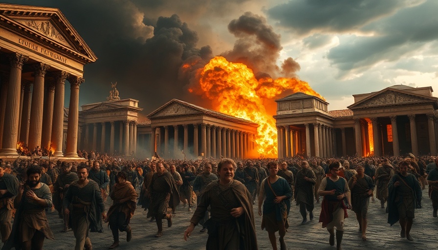 Historic Roman scene with dramatic flames and fleeing people