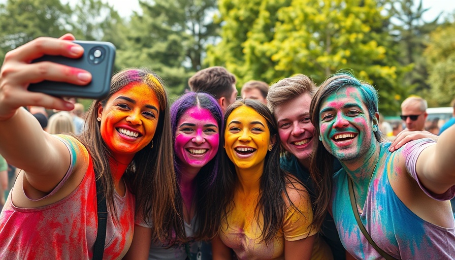 Group selfie at vibrant color festival, Perplexity AI angle.