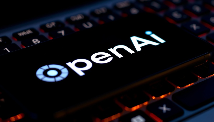 OpenAI logo on phone over glowing keyboard, vibrant colors.