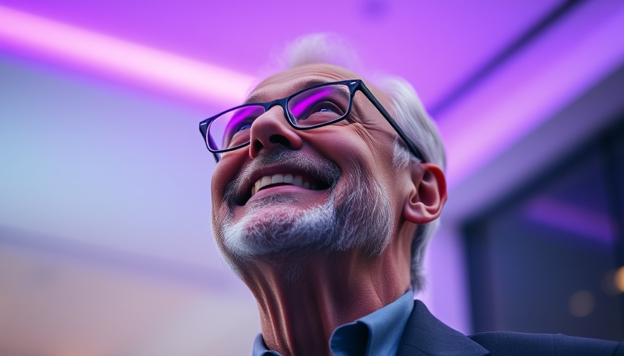 Older man with glasses smiling indoors, soft lighting.