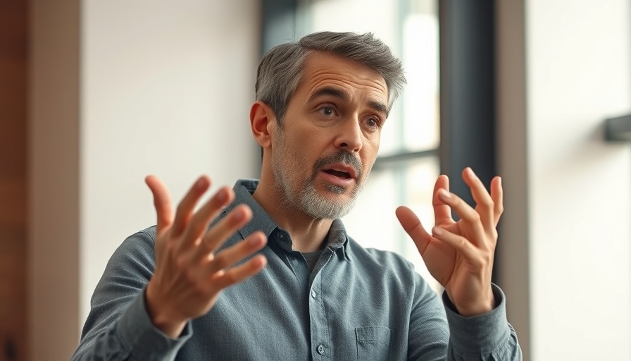 Man thoughtfully gesturing in a discussion, warm lighting.