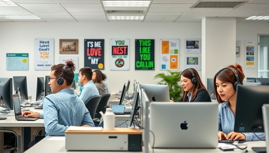 AI chatbots replacing call center workers: modern office scene with employees.