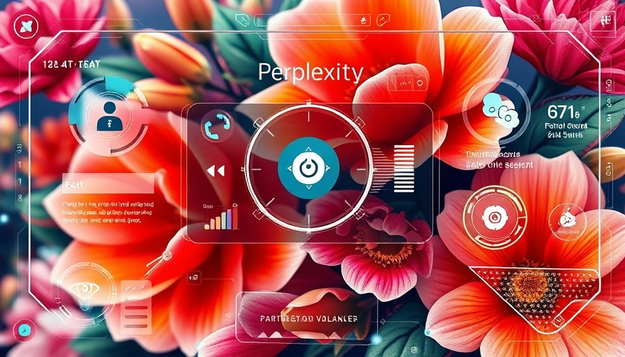 Perplexity AI interface with search features over floral art.