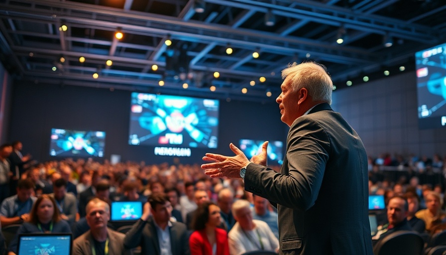 Dynamic speaker presenting at a large technology conference on AI strategies.